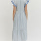 Ladies Textured Stripe Pattern Tiered Ruffle Flutter Sleeve Dress by Entro-Light Blue