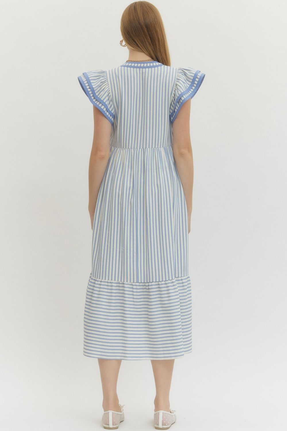 Ladies Textured Stripe Pattern Tiered Ruffle Flutter Sleeve Dress by Entro-Light Blue