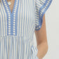 Ladies Textured Stripe Pattern Tiered Ruffle Flutter Sleeve Dress by Entro-Light Blue