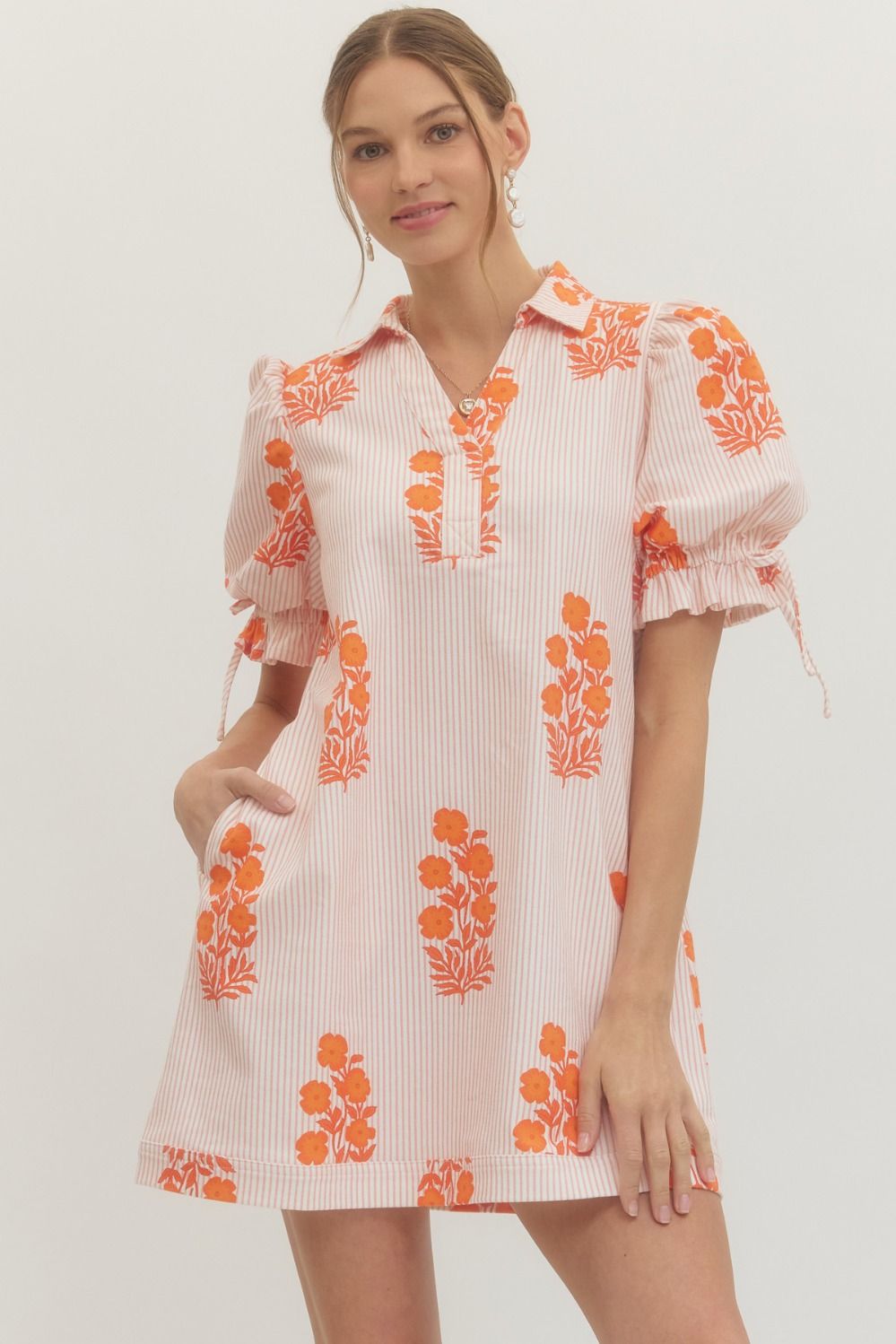Ladies Striped Floral Print Short Puff Sleeve Mini Dress-Orange by Entro-Orange