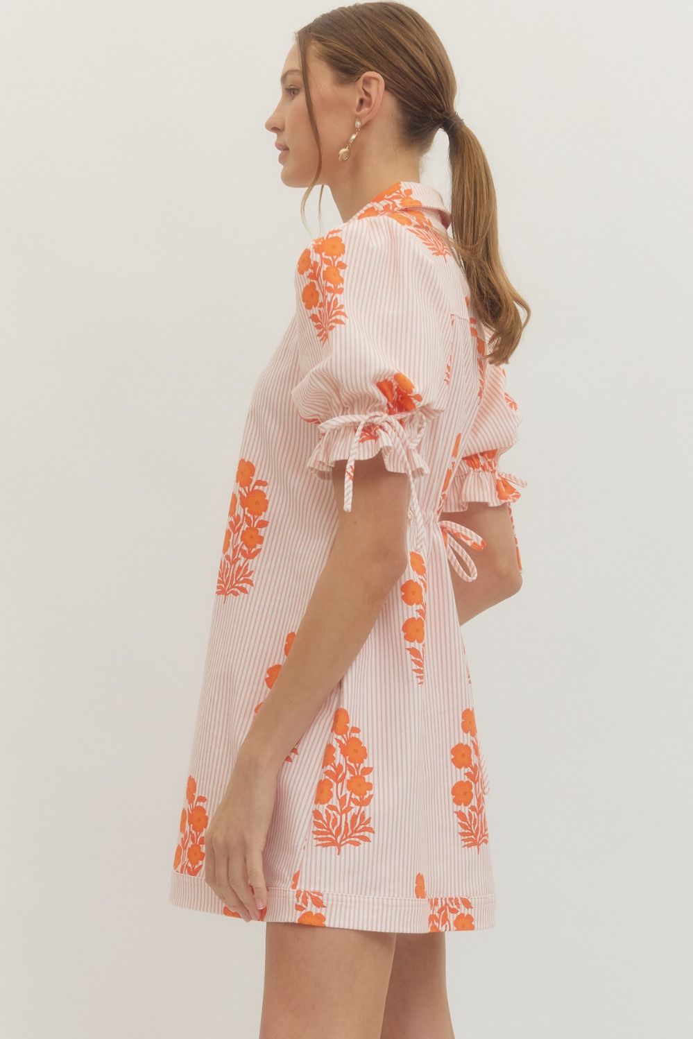 Ladies Striped Floral Print Short Puff Sleeve Mini Dress-Orange by Entro-Orange