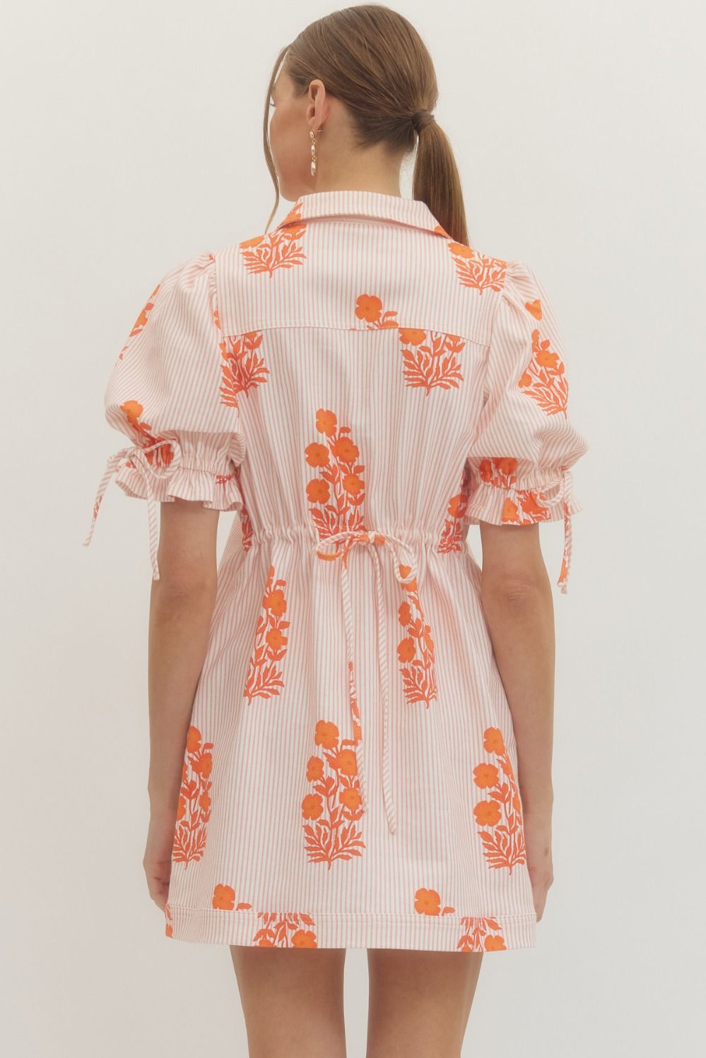 Ladies Striped Floral Print Short Puff Sleeve Mini Dress-Orange by Entro-Orange