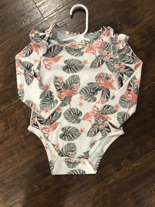 Girls Flamingo & Palm Leaves L/S Onesie