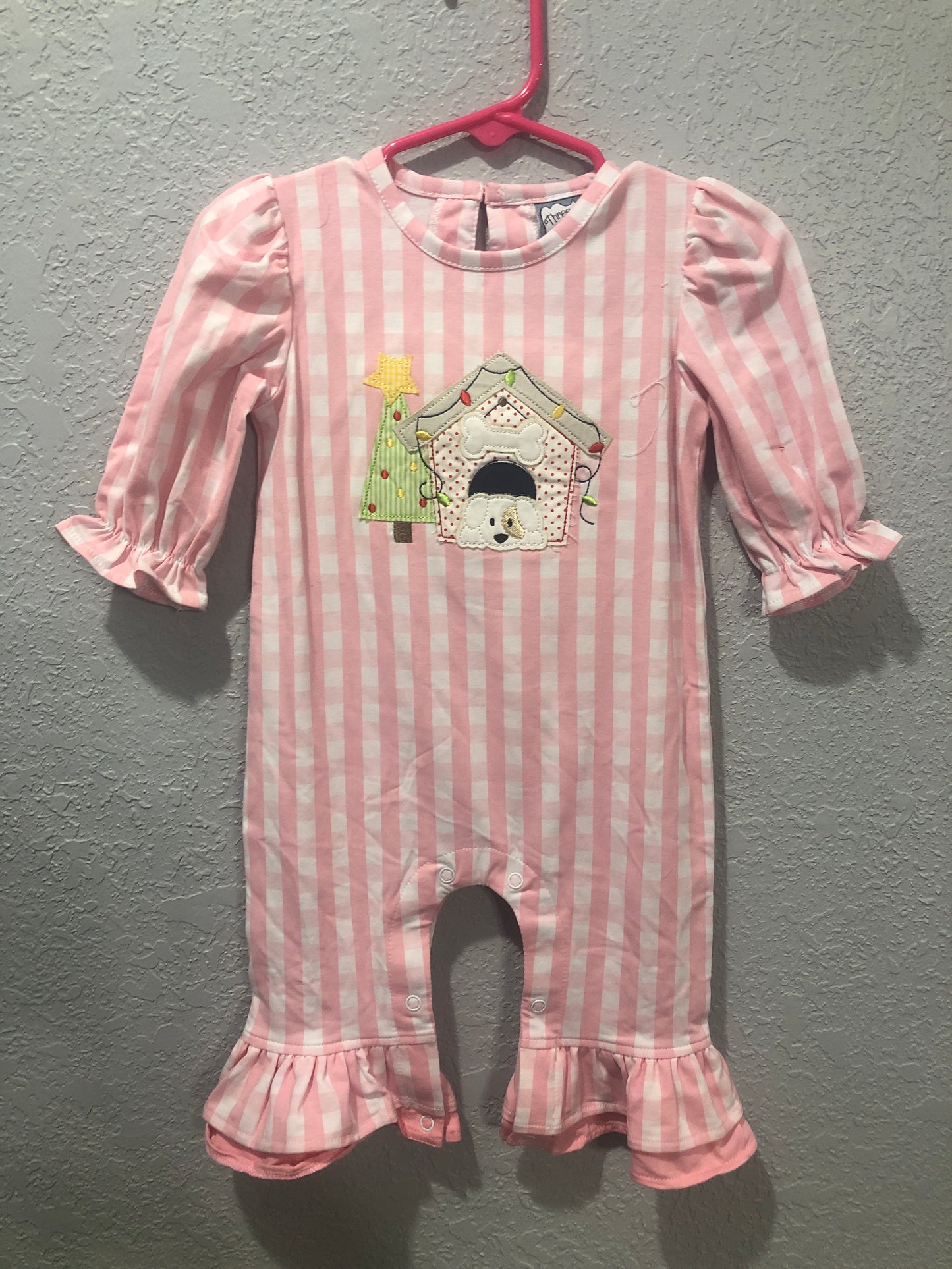 Girls Pink Doggy Christmas Romper by Three Sisters