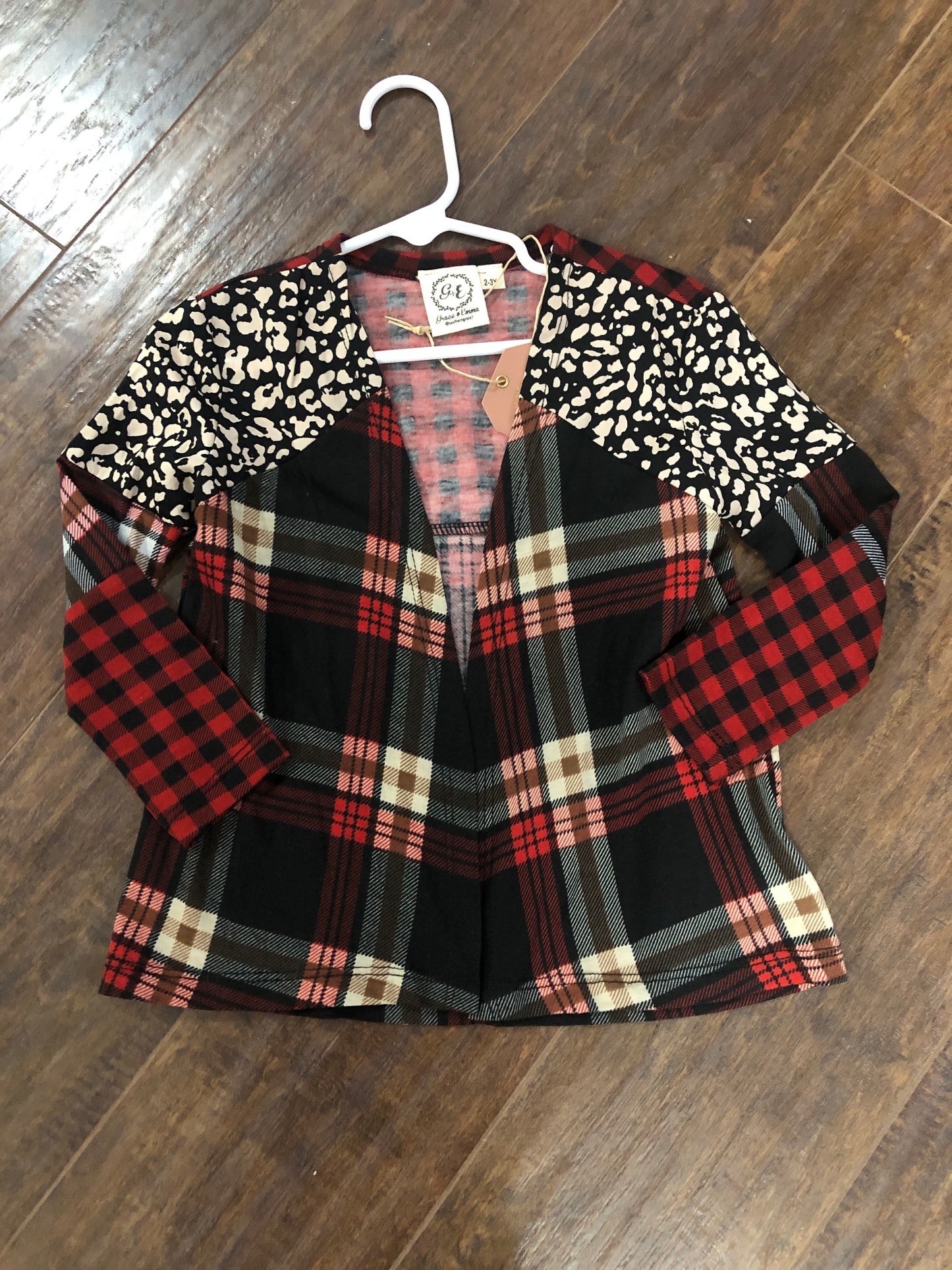 Girls Black/Red Plaid Open Front Cardigan by Grace & Emma