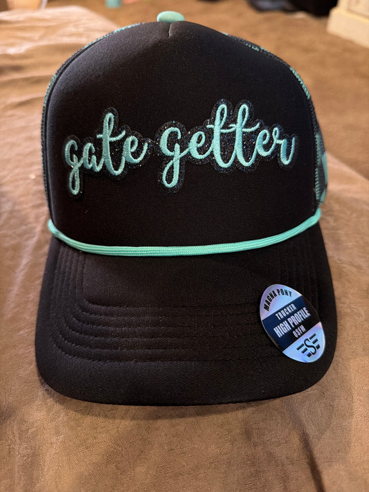 Ladies Gate Getter Printed Mesh Trucker Hat-Black/Turquoise Check