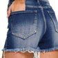 Ladies Dark Washed Raw Frayed Hem Denim Shorts