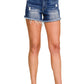 Ladies Dark Washed Raw Frayed Hem Denim Shorts