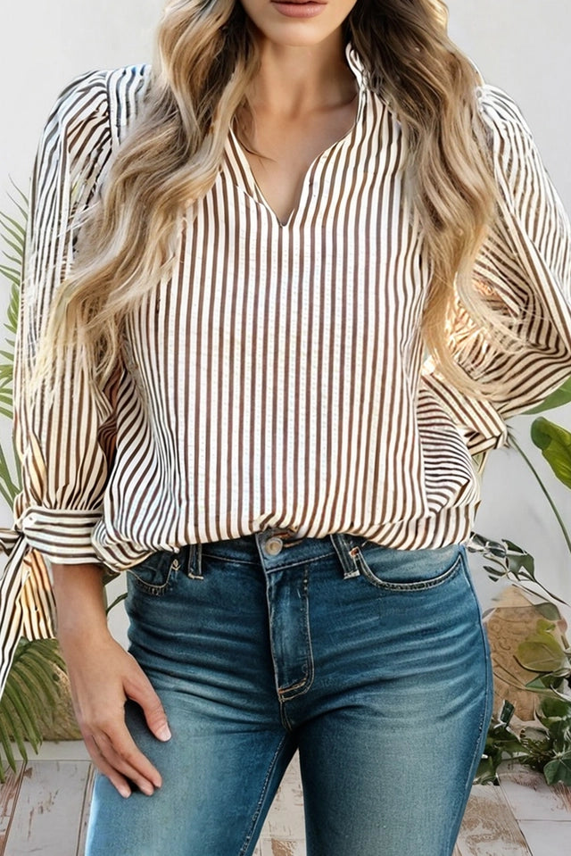 Ladies Striped Frill V Neck Knot Bracelet Sleeve Mock Neck Blouse