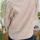 Ladies Striped Frill V Neck Knot Bracelet Sleeve Mock Neck Blouse