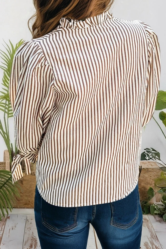 Ladies Striped Frill V Neck Knot Bracelet Sleeve Mock Neck Blouse