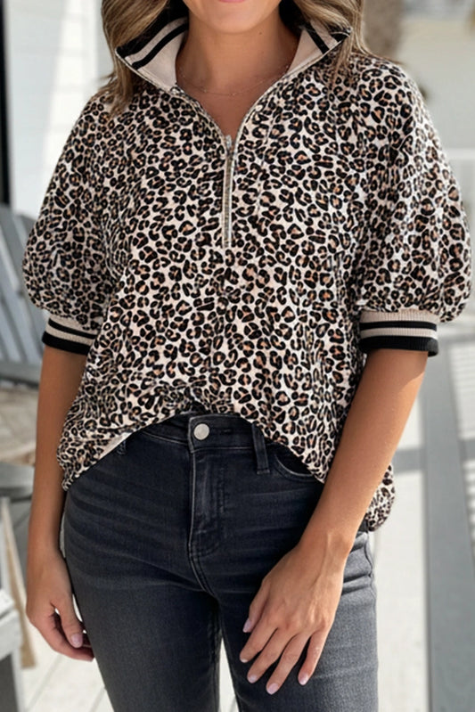 Ladies Leopard Half Zip Stripe Mock Neck Top-Bown