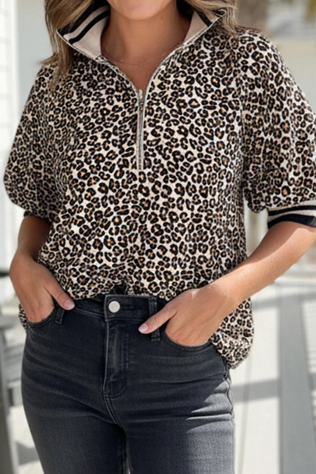 Ladies Leopard Half Zip Stripe Mock Neck Top-Bown