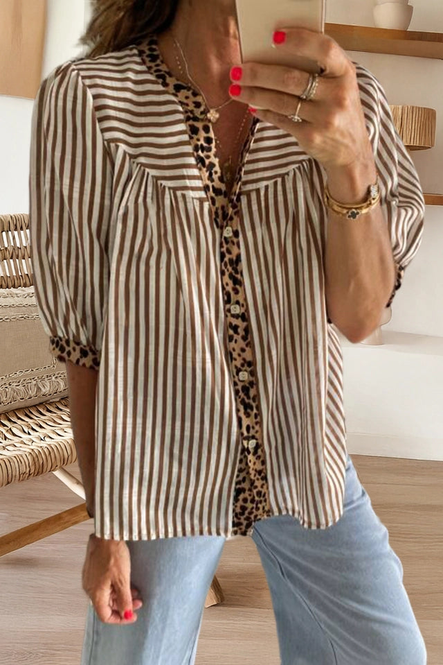 Ladies Leopard Trim V Neck Button Down Half Sleeve Shirt-Brown