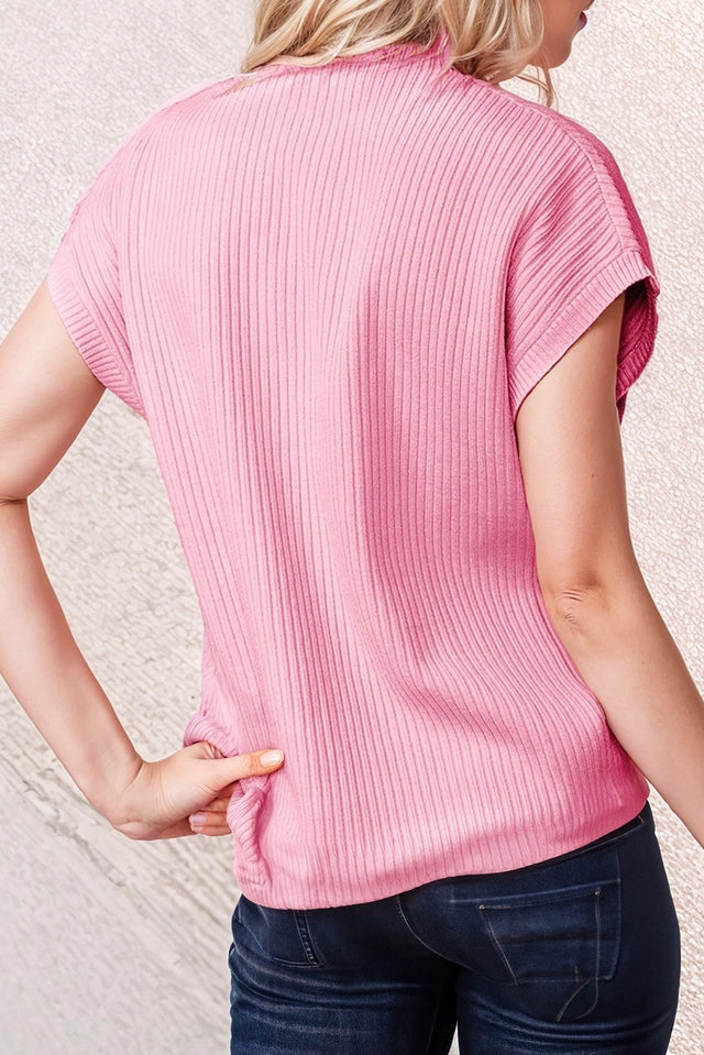 Ladies Pink Patch Pocket Knit Mock Neck Sweater