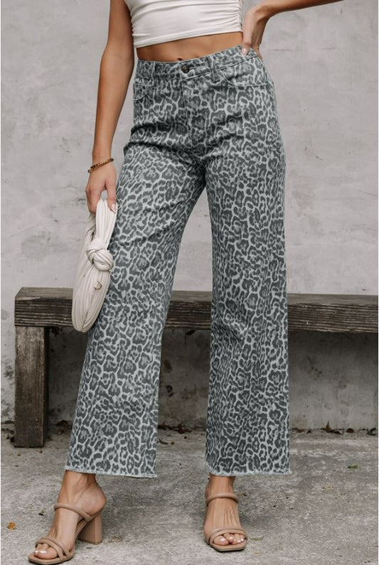 Ladies 66 Leopard Wide Leg High Waist Jeans-Grey
