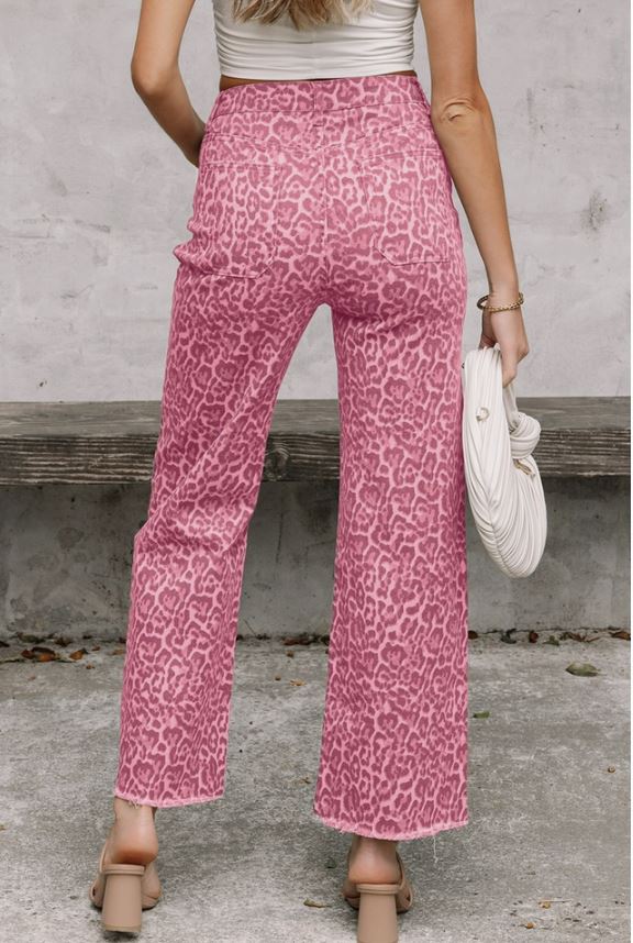 Ladies 66 Leopard Wide Leg High Waist Jeans-Pink