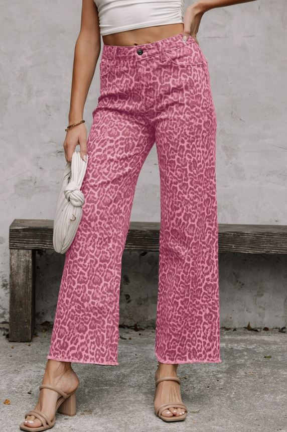 Ladies 66 Leopard Wide Leg High Waist Jeans-Pink