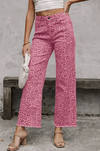 Ladies 66 Leopard Wide Leg High Waist Jeans-Pink