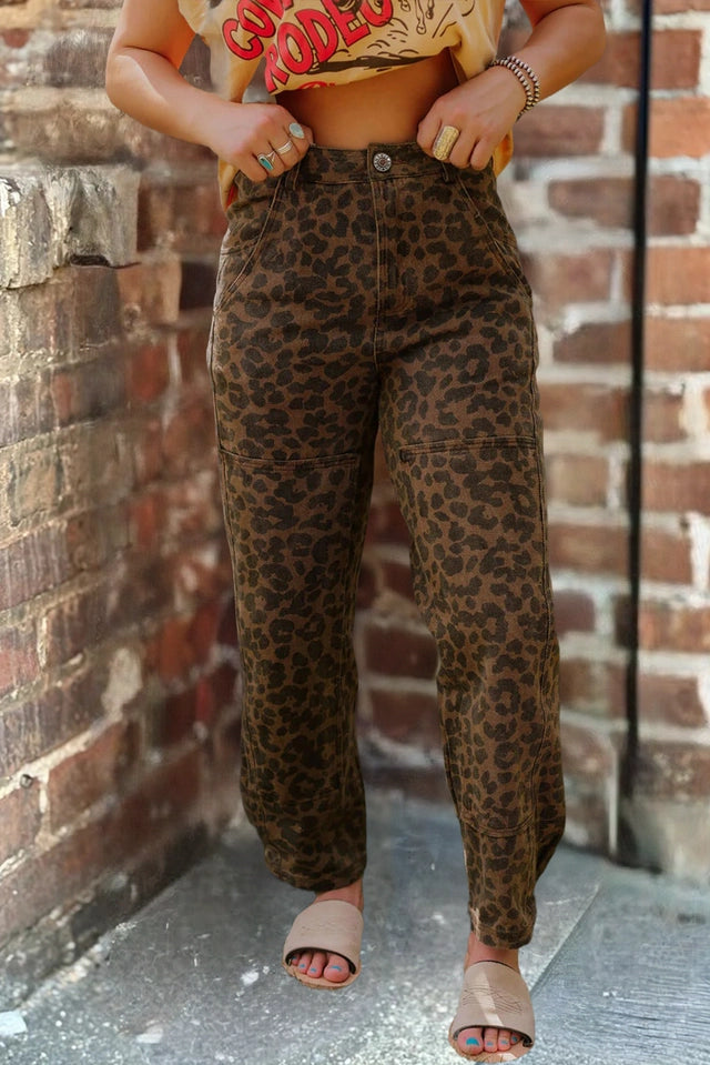 Ladies Clear Seam Detail Patchwork Leopard Print Jeans