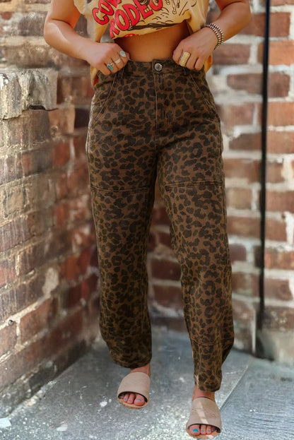 Ladies Clear Seam Detail Patchwork Leopard Print Jeans
