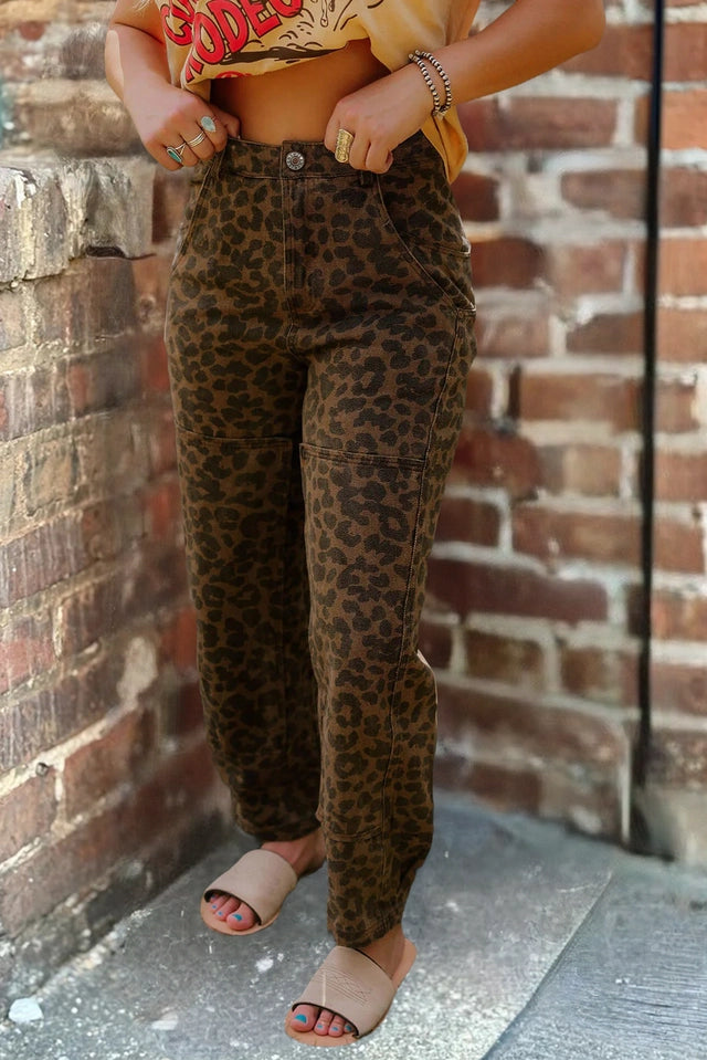 Ladies Clear Seam Detail Patchwork Leopard Print Jeans