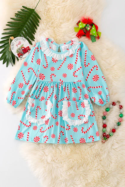 Baby Girls Candy Cane Aqua Dress With Embroidered Pockets
