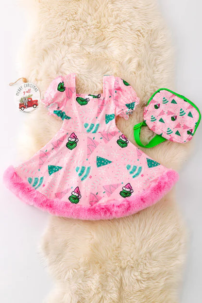 Girls Grinch Dress With Faux Fur Hem