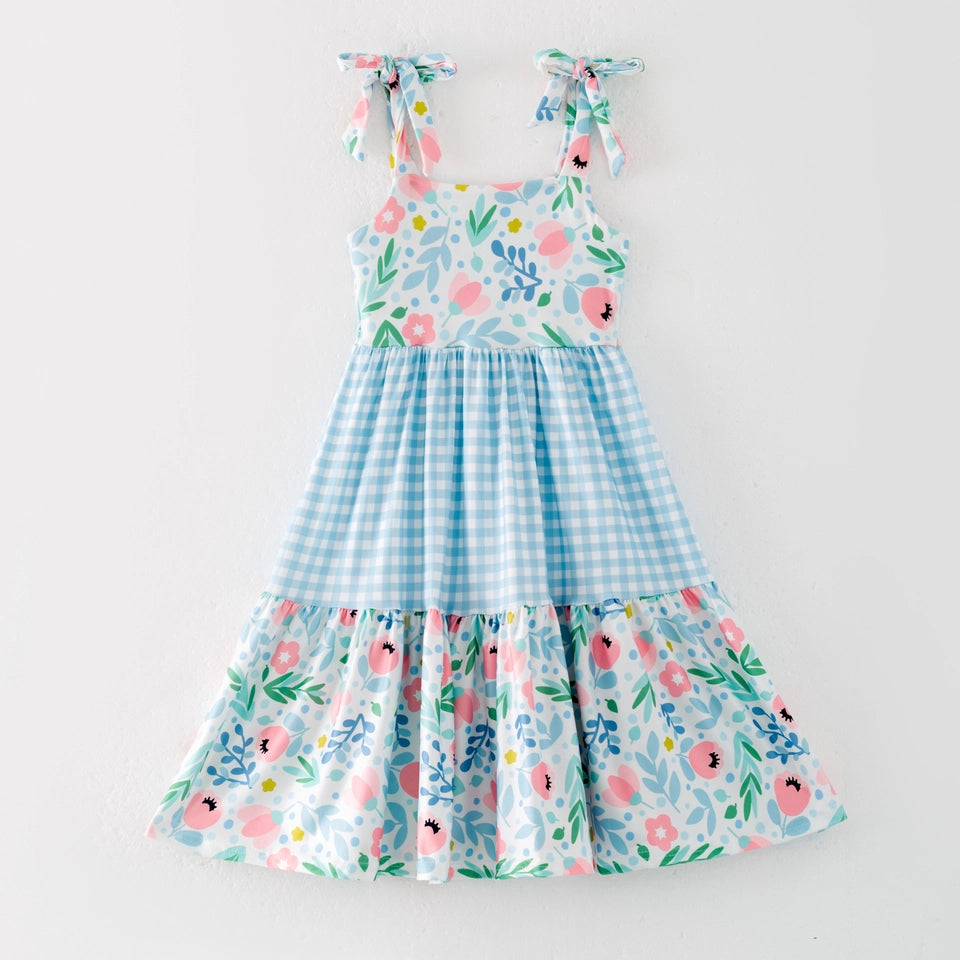 Girls Mommy and Me Floral Plaid Patchwork Slip Dress