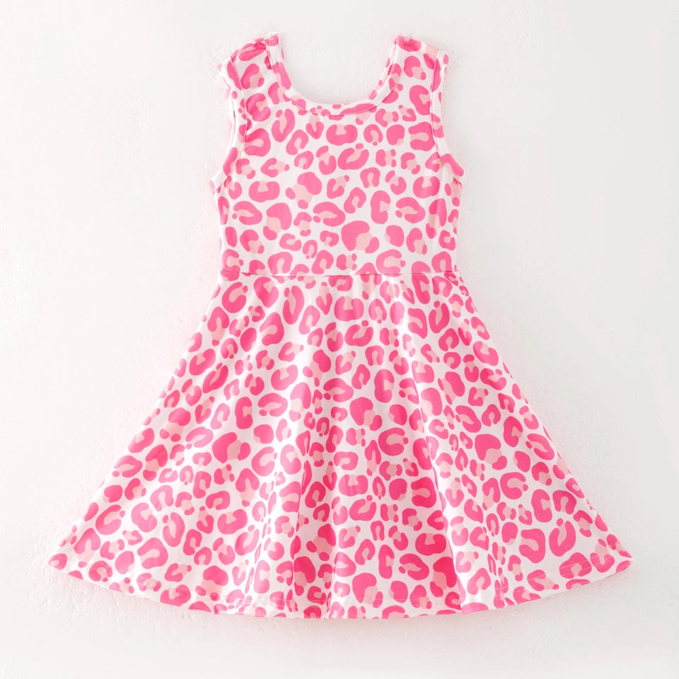 Girls Summer Pink Leopard Print Outdoor Athletic Twirl Dress