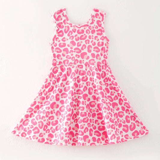Girls Summer Pink Leopard Print Outdoor Athletic Twirl Dress