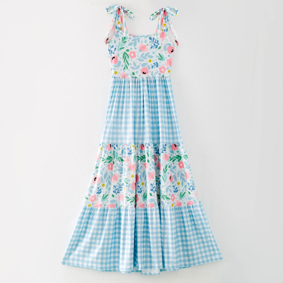 Ladies Mommy and Me Floral Plaid Patchwork Slip Dress