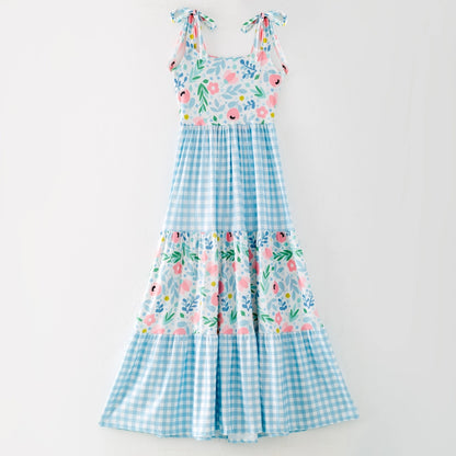 Ladies Mommy and Me Floral Plaid Patchwork Slip Dress
