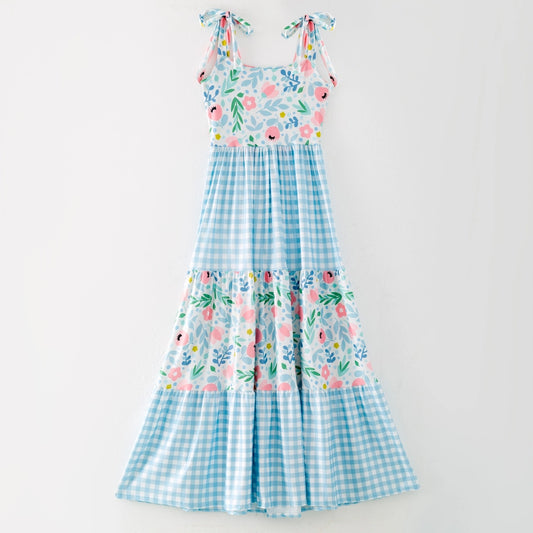Ladies Mommy and Me Floral Plaid Patchwork Slip Dress