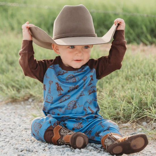 Boys Blue Farm Print Long Sleeve Romper or Tee by Shea Baby