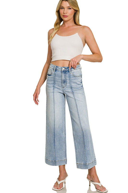 Ladies High Rise Wide Leg Pintuck Denim Pants