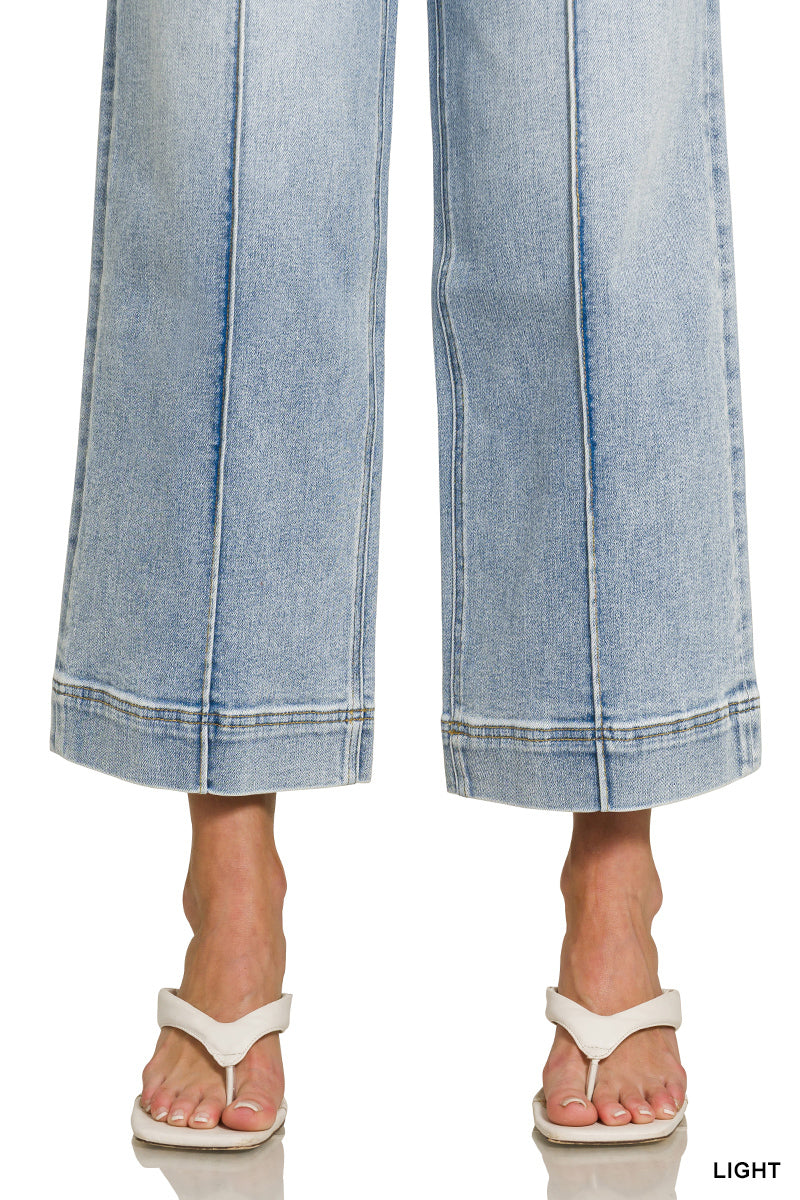 Ladies High Rise Wide Leg Pintuck Denim Pants
