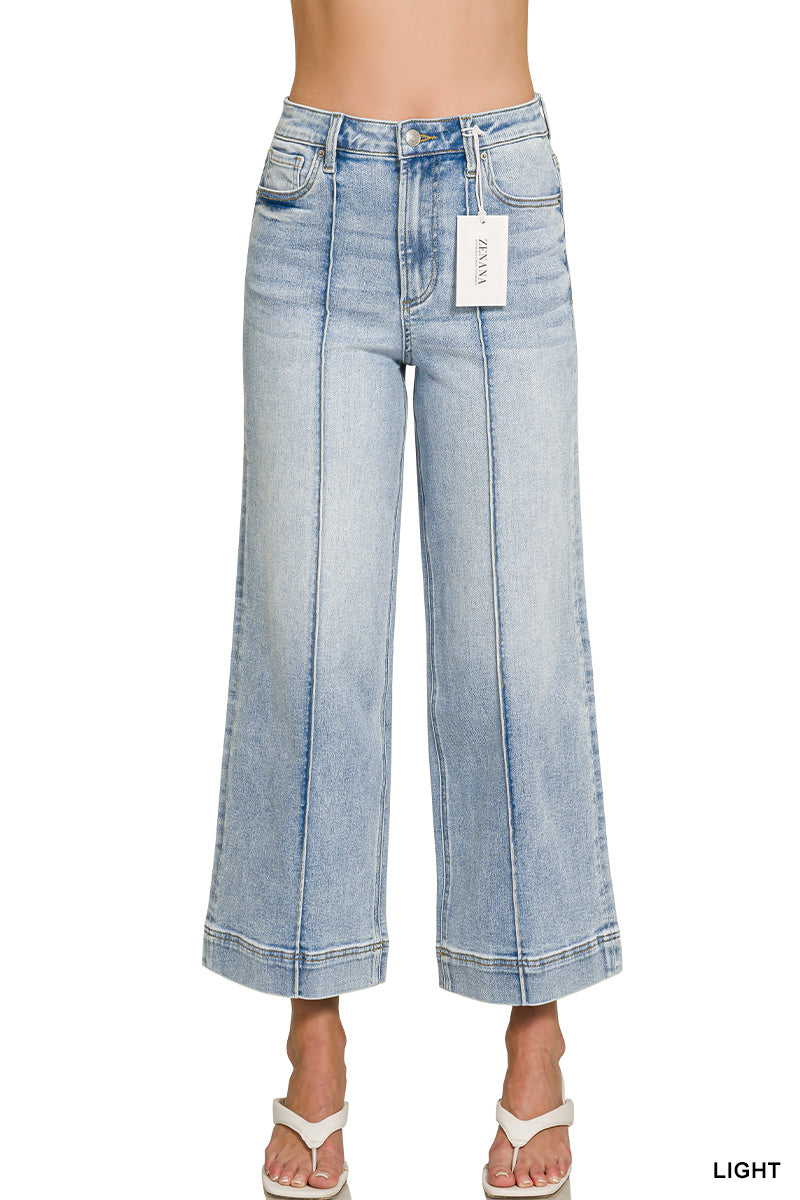 Ladies High Rise Wide Leg Pintuck Denim Pants