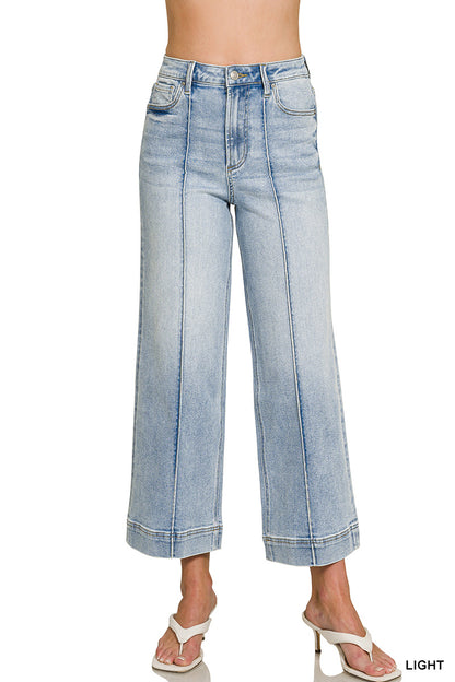 Ladies High Rise Wide Leg Pintuck Denim Pants