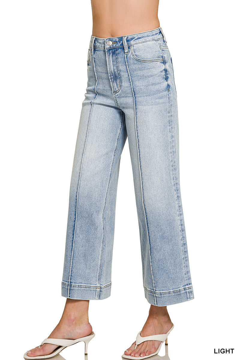 Ladies High Rise Wide Leg Pintuck Denim Pants