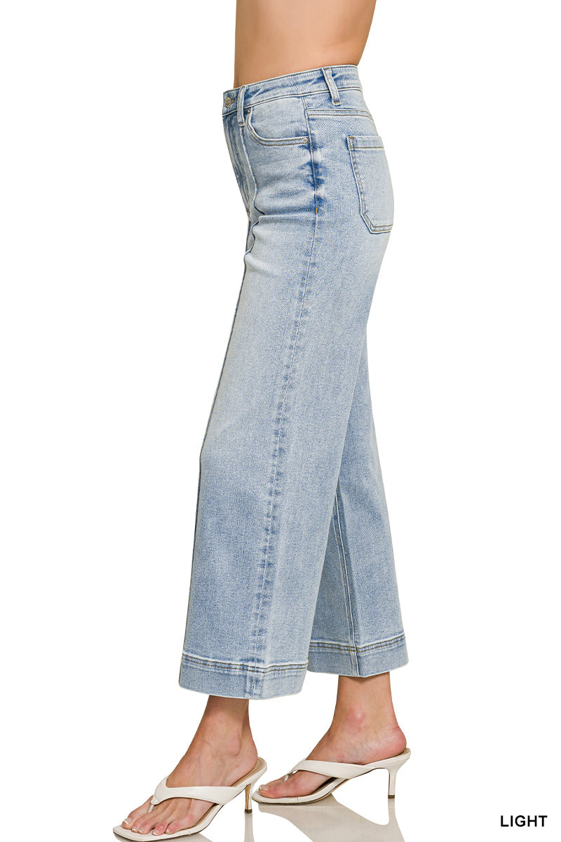 Ladies High Rise Wide Leg Pintuck Denim Pants