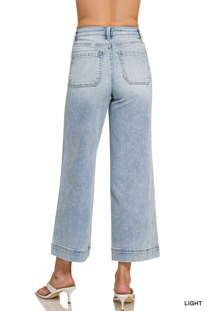 Ladies High Rise Wide Leg Pintuck Denim Pants
