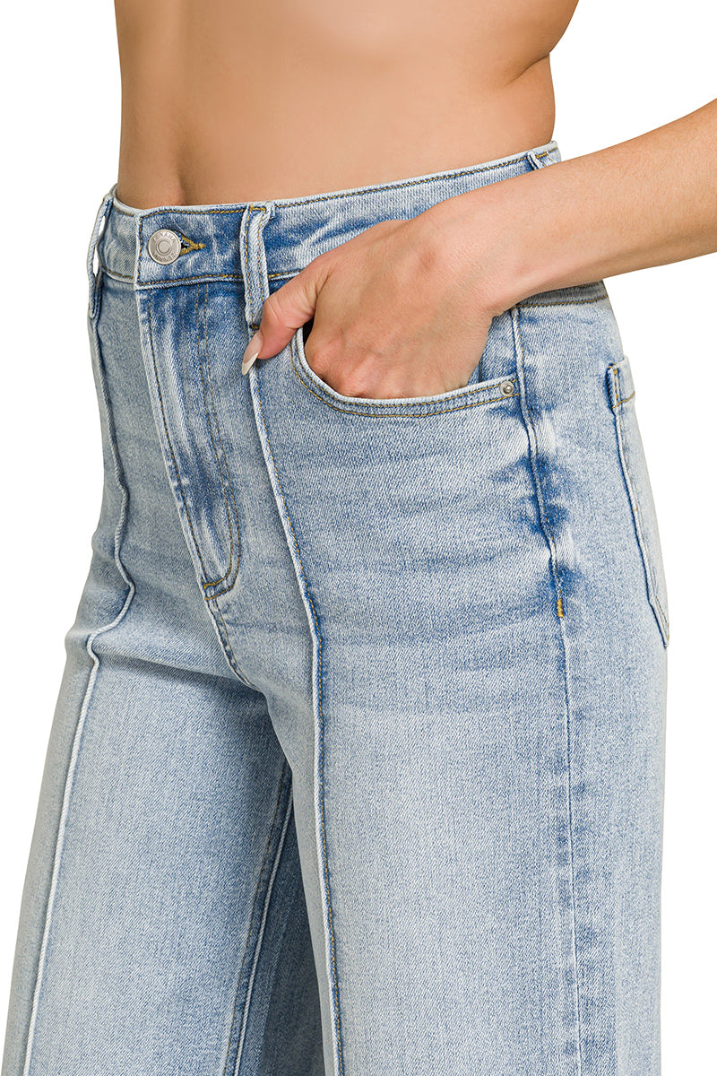 Ladies High Rise Wide Leg Pintuck Denim Pants