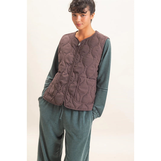 Ladies Quilted Vest With Pockets-Dark Brown