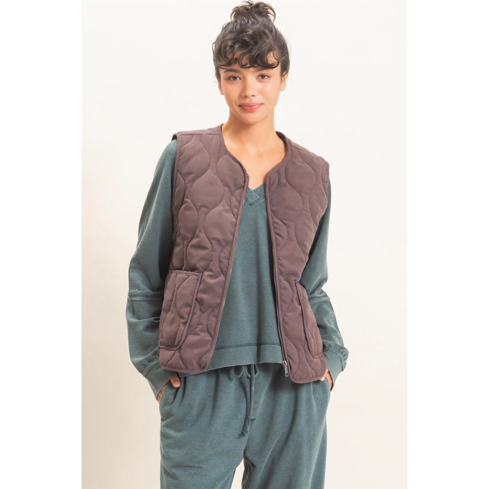 Ladies Quilted Vest With Pockets-Dark Brown