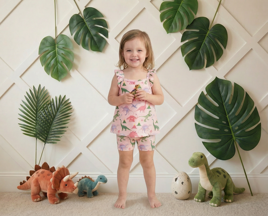 Girls Dinos Pink Flutter Sleeve Shorts Set by Bestaroo