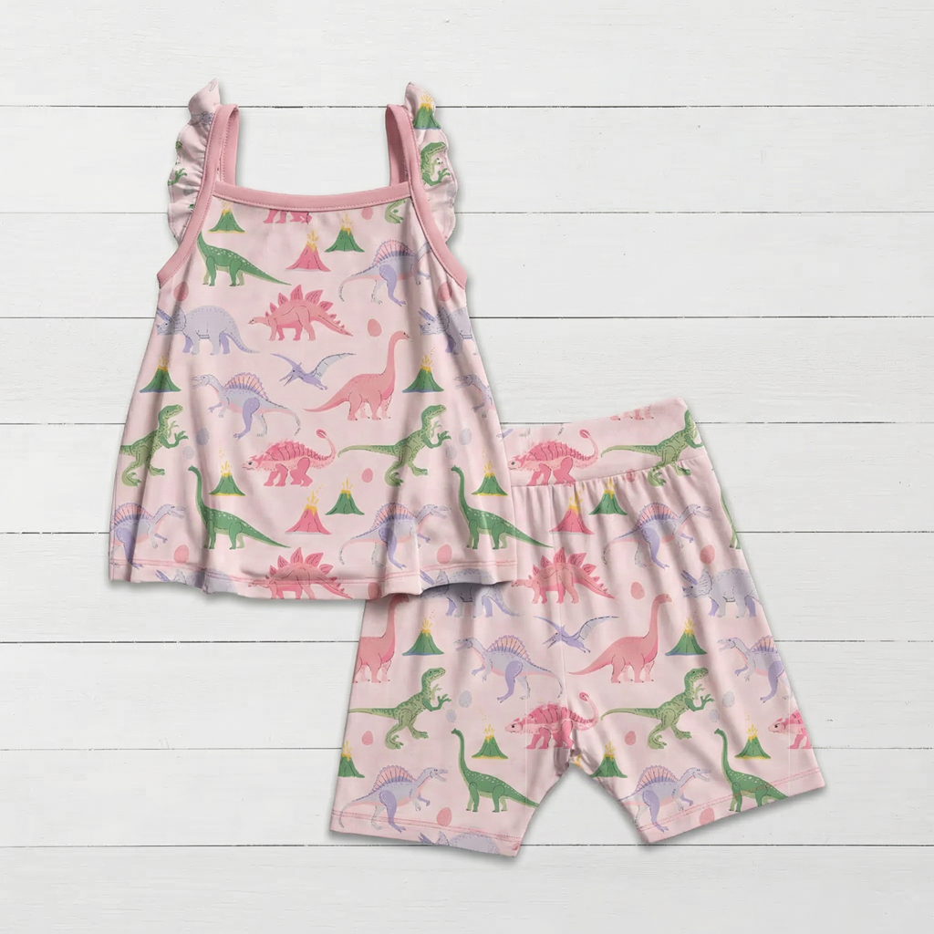 Girls Dinos Pink Flutter Sleeve Shorts Set by Bestaroo