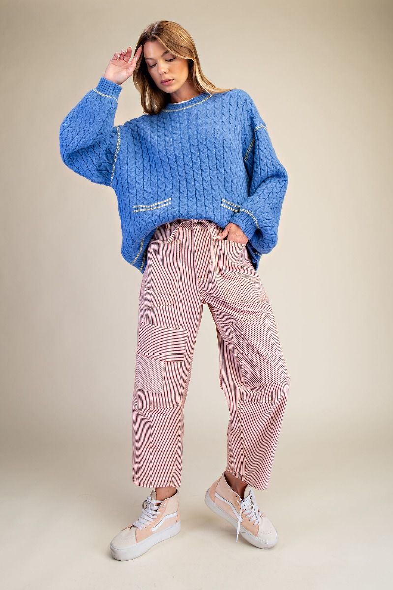 Ladies Easel Striped Washed Twill Low Slug Jeans - Red