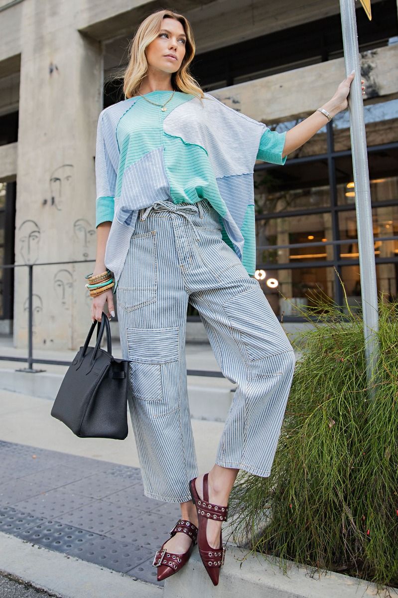 Ladies Easel Striped Washed Twill Low Slug Jeans - Washed Denim