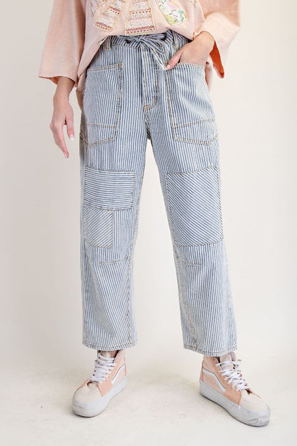 Ladies Easel Striped Washed Twill Low Slug Jeans - Washed Denim